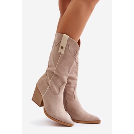 Ocieplane Kozaki Kowbojki Na Słupku Eko Zamszowe Beżowe Hanivin beżowy 1