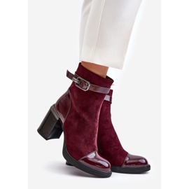 S.Barski Botki Damskie Ocieplane Na Obcasie Słupku Z Ozdobną Klamrą D&A MR880-085 Bordowe czerwone 1