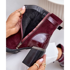 S.Barski Botki Damskie Ocieplane Na Obcasie Słupku Z Ozdobną Klamrą D&A MR880-085 Bordowe czerwone 2