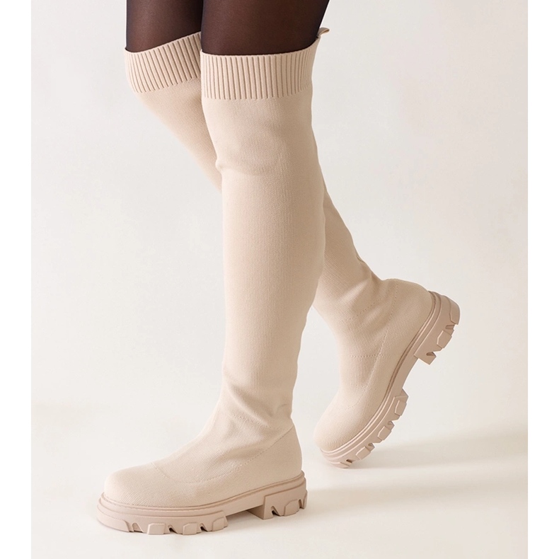 Długie beżowe kozaki materiałowe na platformie Athira beżowy 1