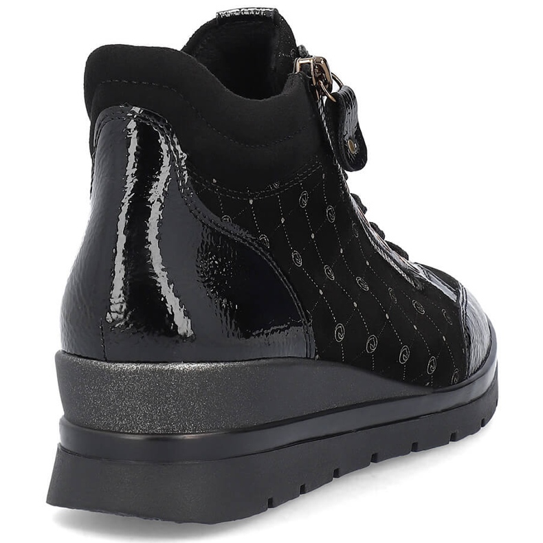Rieker Skórzane botki damskie logowane lakierowane Remonte R0773-04 czarne 2