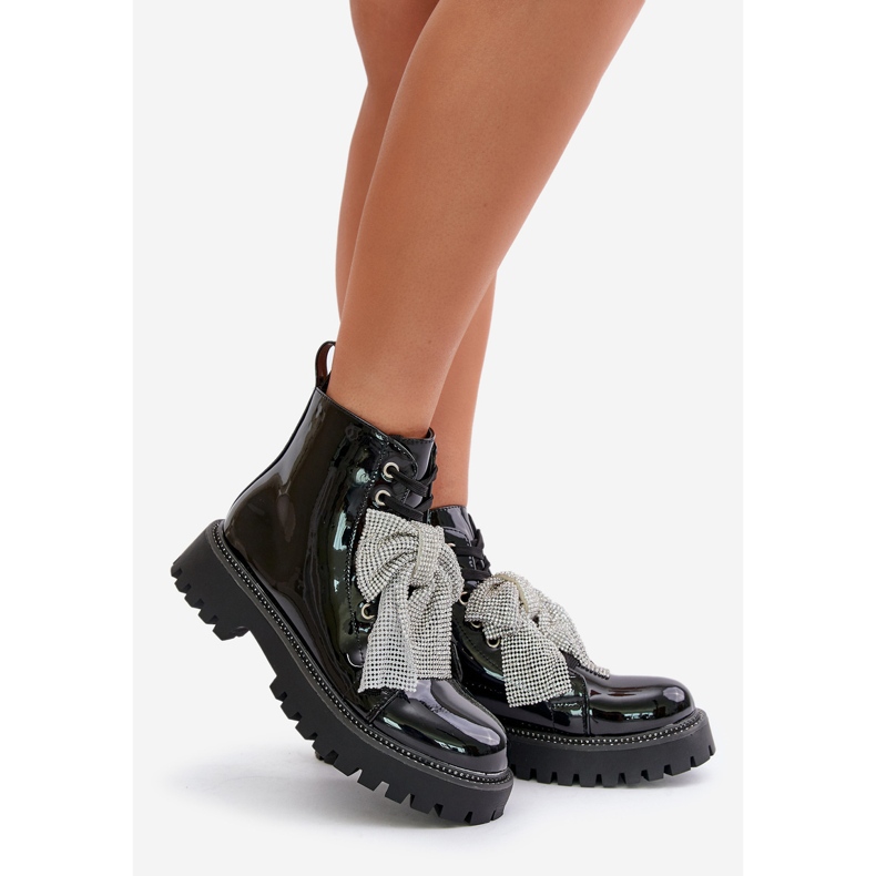Lakierowane Botki Damskie Z Kokardą Czarne Ocenttia 1