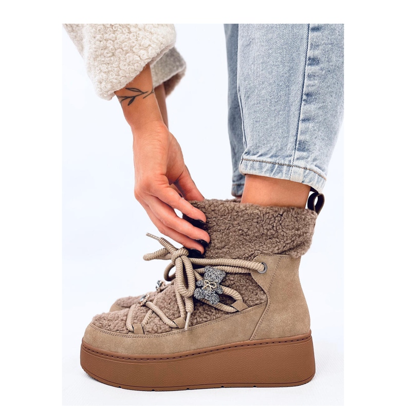 Botki śniegowce z barankiem Khaki brązowe 1
