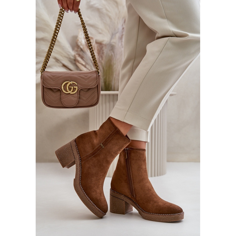 Botki damskie na stabilnym obcasie brązowe 1