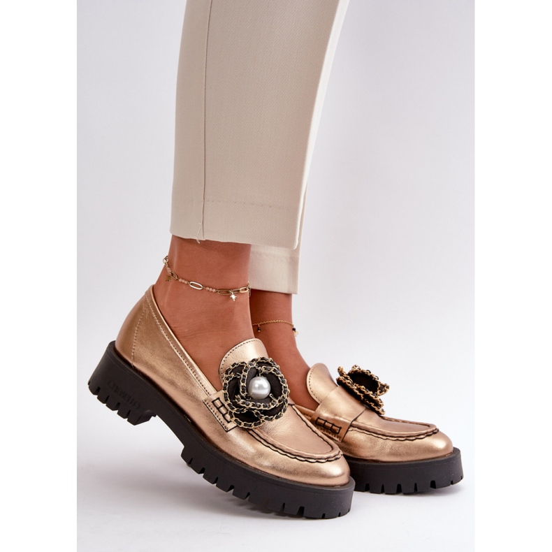 Mokasyny damskie z kwiatkiem ozdobnym Gold złoty 1