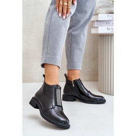 S.Barski Skórzane Lakierowane Niskie Botki Ze Zdobieniem Na Zamek D&A MR880-142 Czarne 2