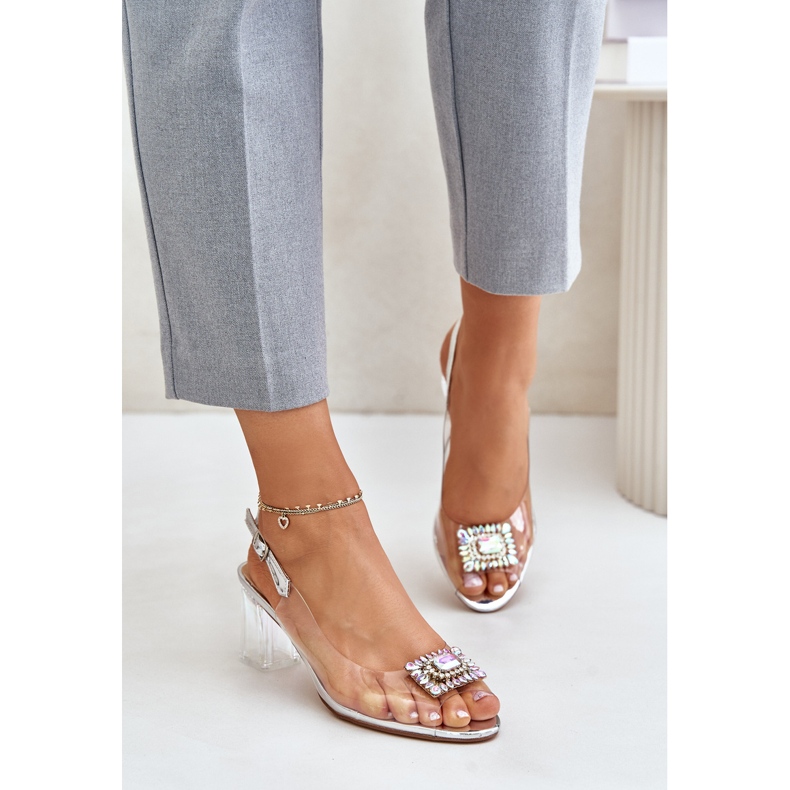 S.Barski Transparentne Sandały Z Broszką Na Słupku D&A MR42-031 Srebrne srebrny 2