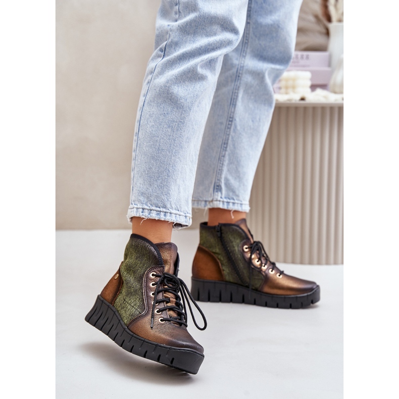 Skórzane Botki Platformie I Koturnie Maciejka 06702-09 Zielono-Złote zielone 2