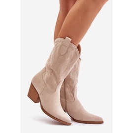 Damskie Kozaki Kowbojki Na Słupku Z Eko Zamszu Jasnobeżowe Wendlis beżowy 1