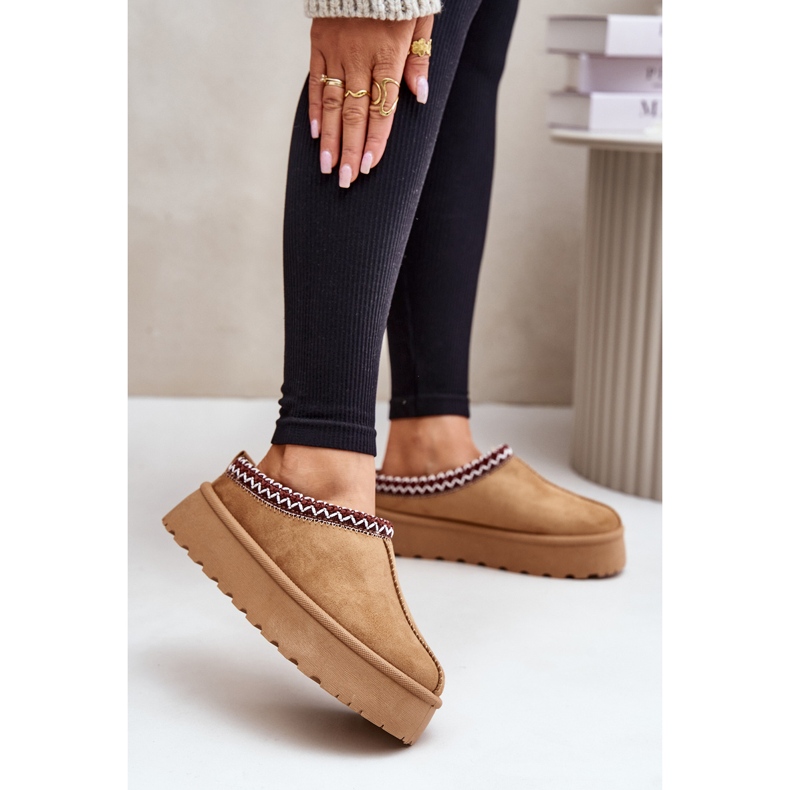 Niskie Śniegowce Damskie Z Haftem Na Platformie Camel Narirya brązowe 2