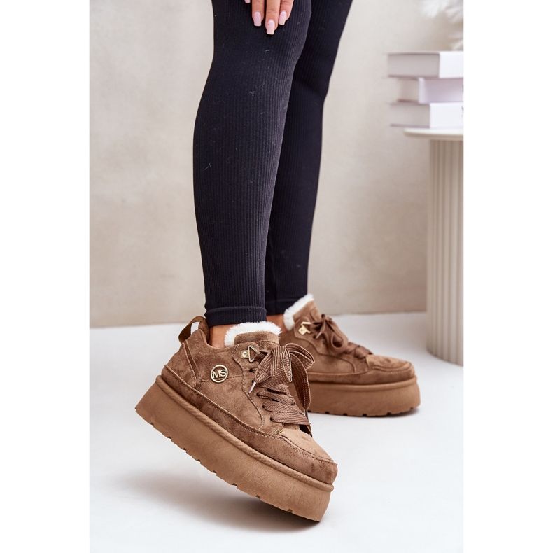 Ocieplane Futerkiem Sneakersy Damskie Na Platformie Brązowe Velarisea 2