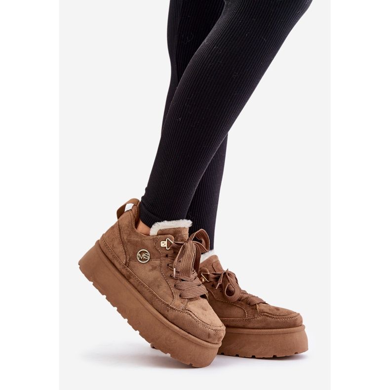 Ocieplane Futerkiem Sneakersy Damskie Na Platformie Brązowe Velarisea 1
