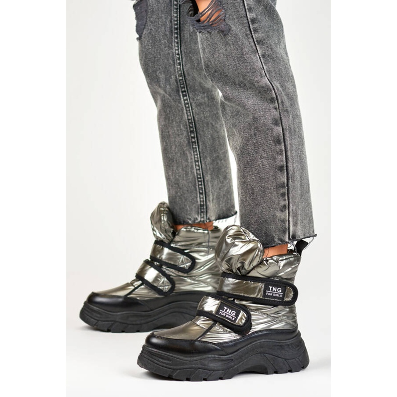 Śniegowce damskie metaliczne botki na rzep srebrne 22-PY16062SI czarne 2