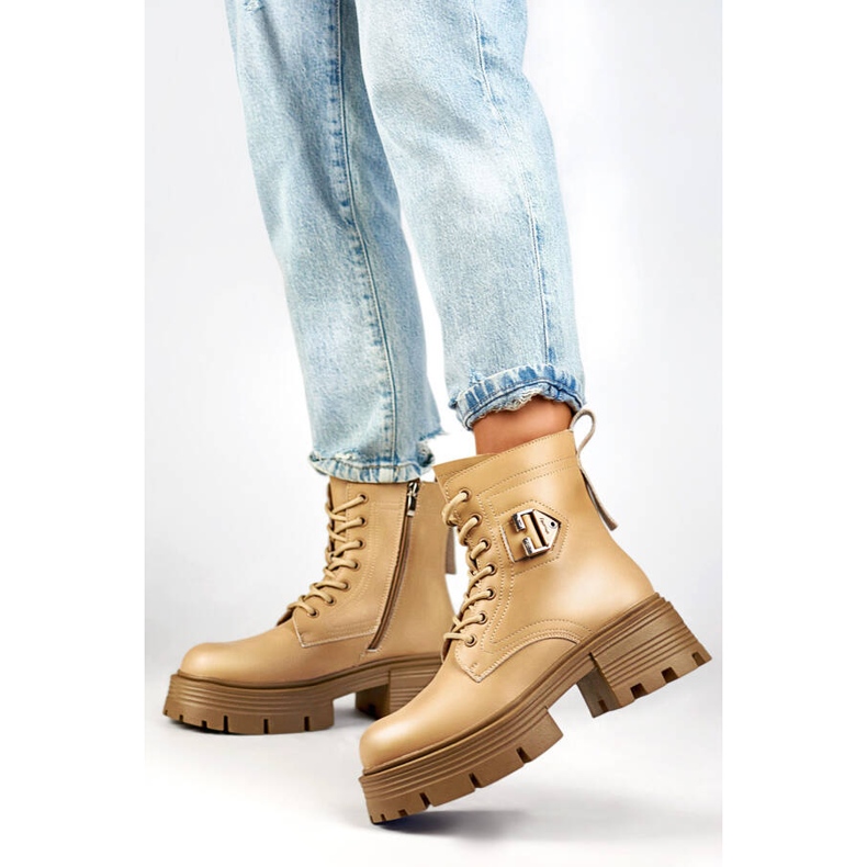 Skórzane workery damskie na klocku i platformie ocieplane beżowe GT-TL55BE beżowy 1