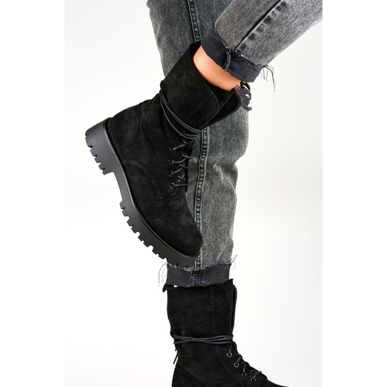 Workery damskie zamszowe botki sznurowane czarne DE1051S-B beżowy 1