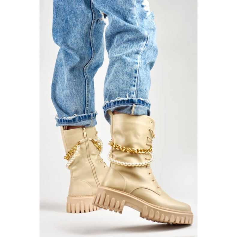 Workery damskie z odpinanym łańcuszkiem beżowe DE1150BE beżowy 2