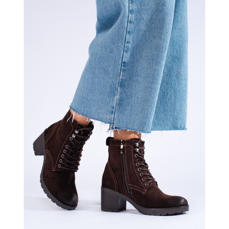 W. Potocki Sznurowane botki damskie na obcasie Potocki z zamszu ekologicznego brązowe 1