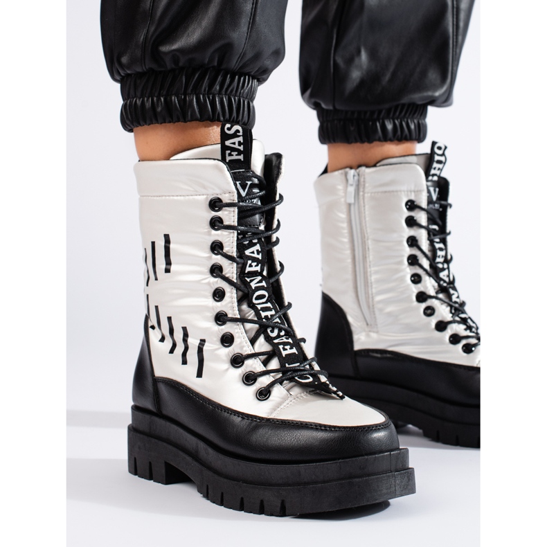 Ocieplane workery damskie na platformie Vinceza biało czarne białe 1