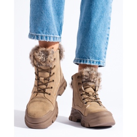 Brązowe traperki damskie z futerkiem beżowy 2