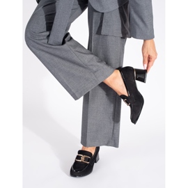 Zamszowe damskie półbuty na grubym słupku czarne 2