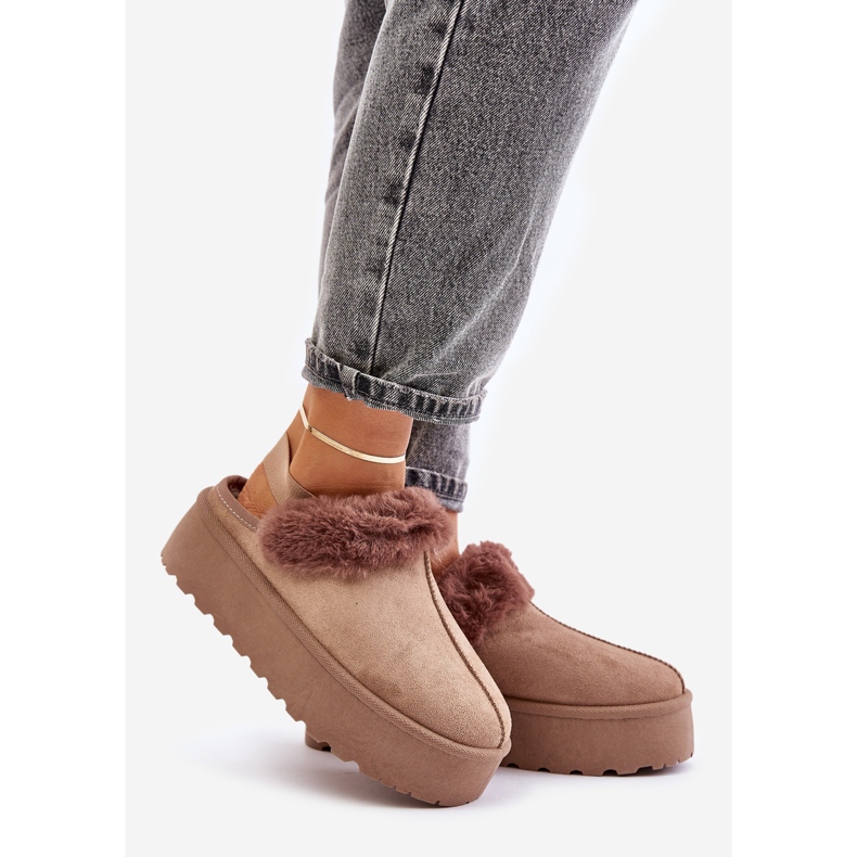 Kapcie Damskie Na Platformie Z Futerkiem Ciemnobeżowe Linaris beżowy 1