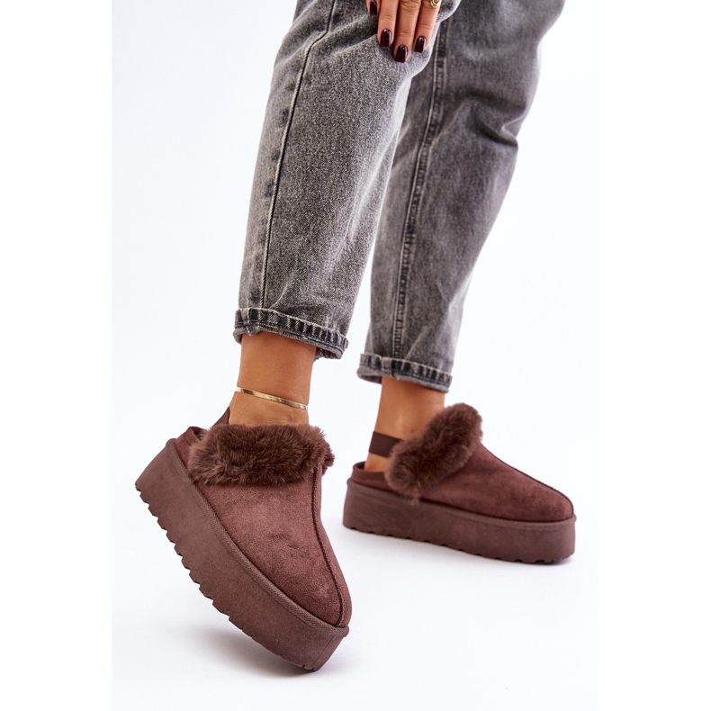 Kapcie Damskie Na Platformie Z Futerkiem Brązowe Linaris 1