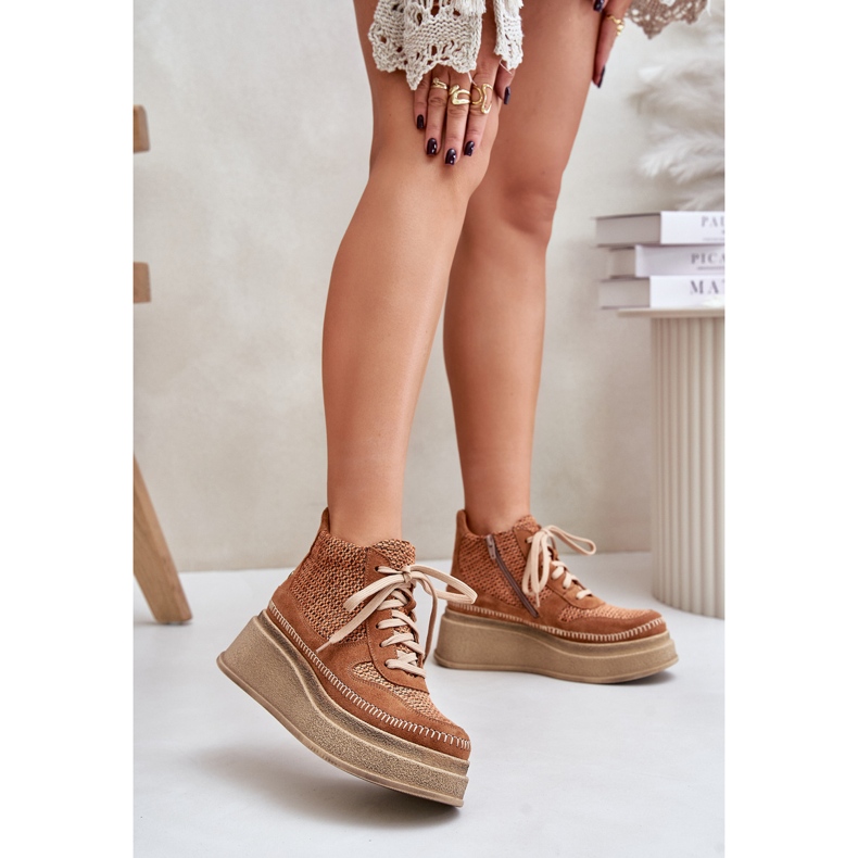 Skórzane Botki Na Platformie I Koturnie Maciejka 06759-29 Brązowe 2