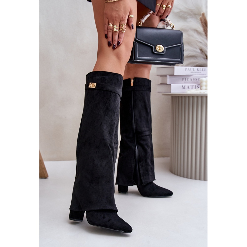 Kozaki Na Słupku Z Wywiniętą Cholewką Ocieplane Czarne Urelli 1