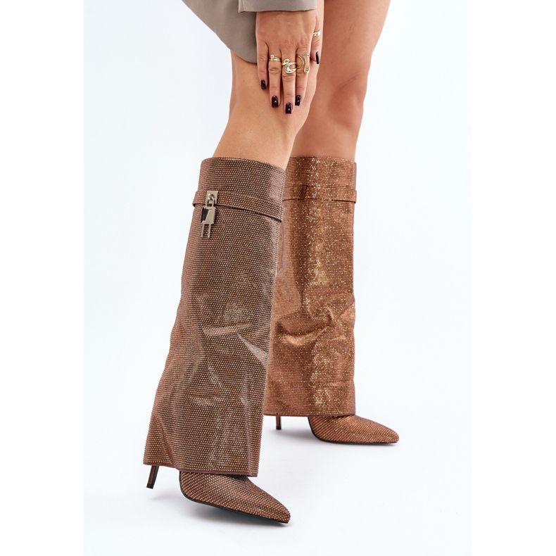 Zdobione Wsuwane Kozaki Na Szpilce Z Wywiniętą Cholewką Brązowe Enathlin 2