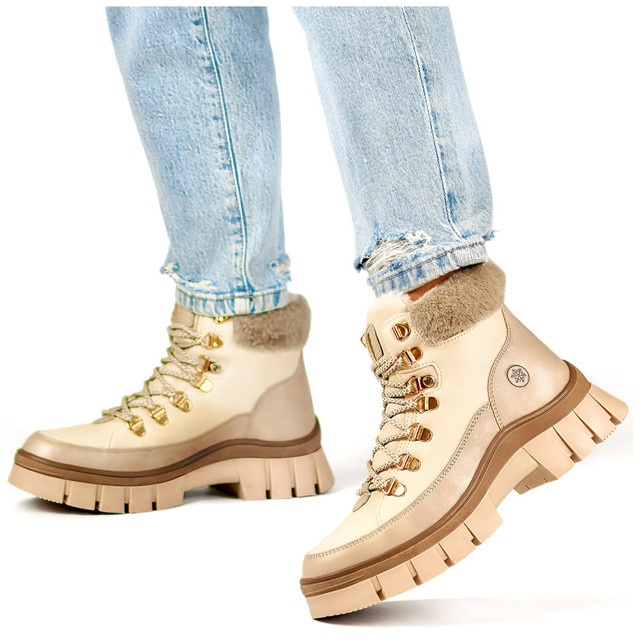 Beżowe botki ocieplane damskie traperki zimowe z futerkiem buty na wiązanie beżowy 2