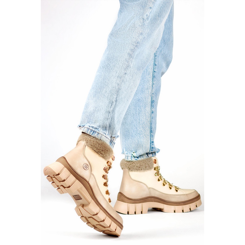 Beżowe botki ocieplane damskie traperki zimowe z futerkiem buty na wiązanie beżowy 1