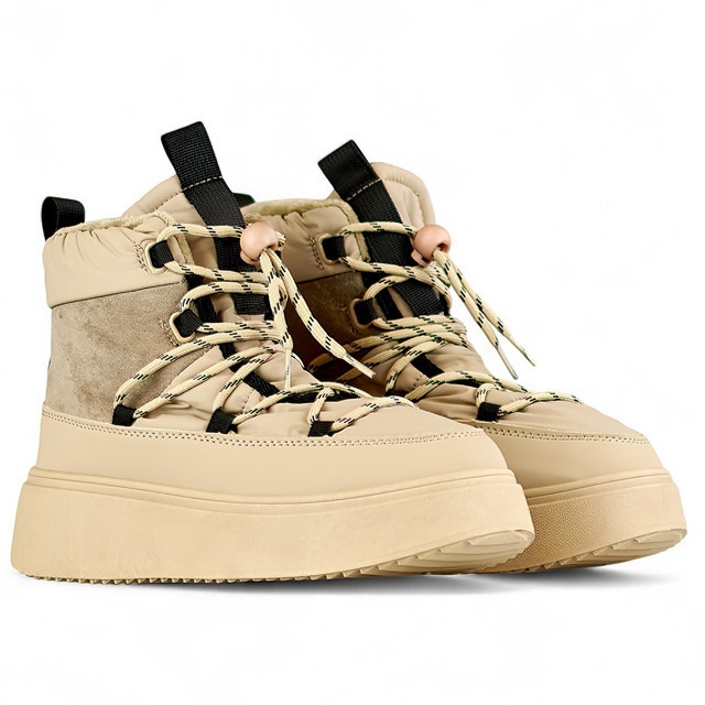 Beżowe śniegowce ze ściągaczem ocieplane buty zimowe dasmkie na grubej podeszwie beżowy 1