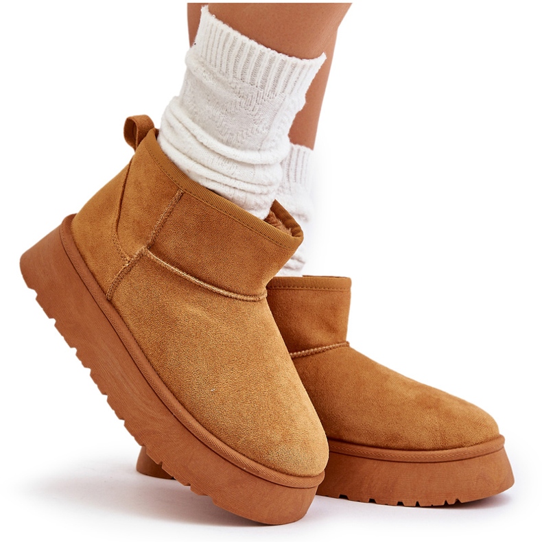 News Niskie śniegowce damskie na platformie ocieplane futerkiem camel brązowe 5