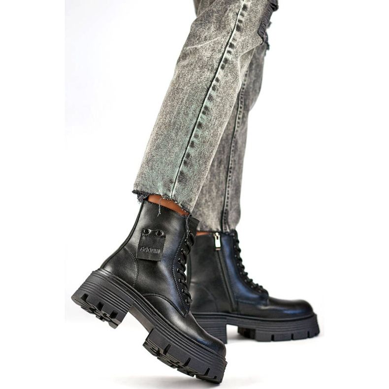 Skórzane workery damskie na platformie czarne GD-TL56B 2