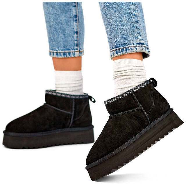 Skórzane botki damskie śniegowce zamszowe czarne YU9001B 1