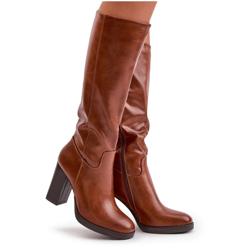 Kozaki damskie na słupku eko-skórzane przed kolano camel brązowe 11