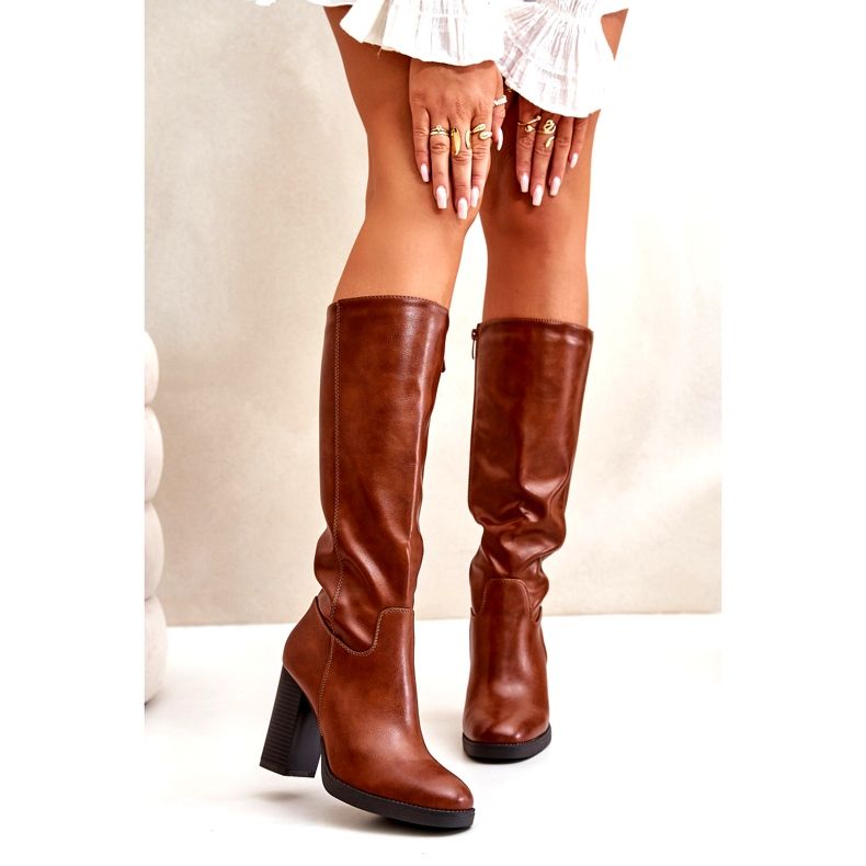 Kozaki damskie na słupku eko-skórzane przed kolano camel brązowe 6