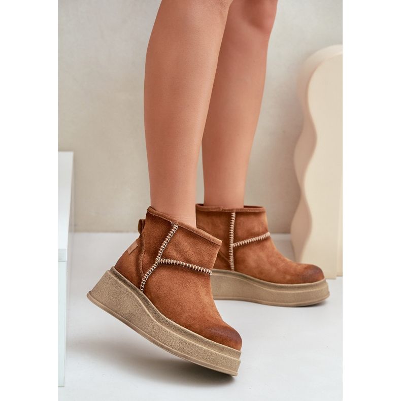 Skórzane Zamszowe Śniegowce Botki Na Platformie I Koturnie Brązowe Maciejka 06769-29 Brązowe 2