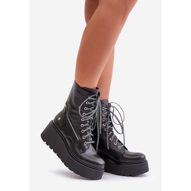 Skórzane Botki Workery Na Platformie I Koturnie Maciejka 06676-01 Czarne 1
