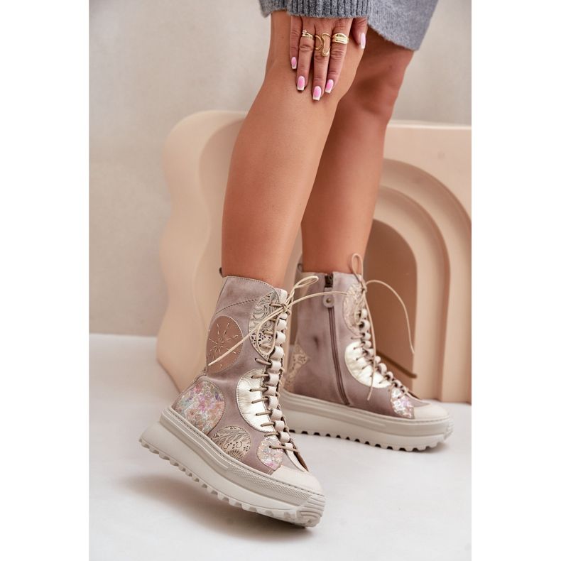 Skórzane Zamszowe Botki Na Platformie Ocieplane Maciejka 06565-04 Beżowe beżowy 2