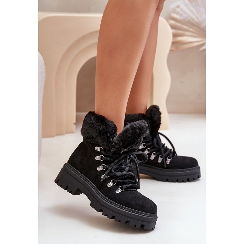 Sznurowane Trapery Damskie Z Futerkiem Czarne Vaminia 2