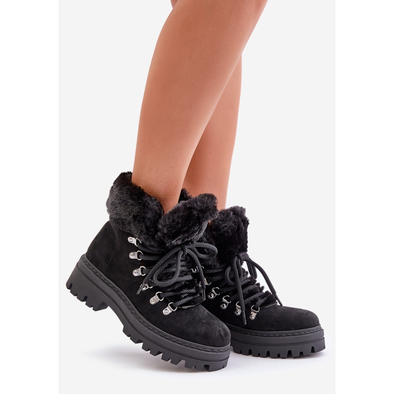 Sznurowane Trapery Damskie Z Futerkiem Czarne Vaminia 1