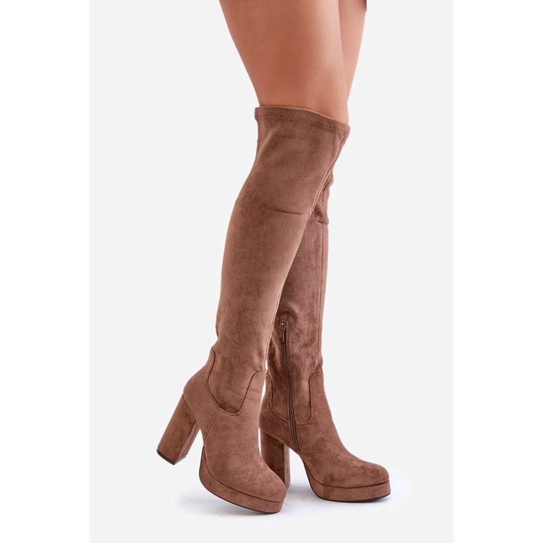 Kozaki Na Słupku I Platformie Z Cholewką Za Kolano Eko Zamszowe Ciemnobeżowe Zistaria beżowy 1