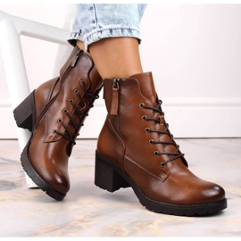 Botki na słupku i platformie Potocki W WOL177B camel brązowe 2