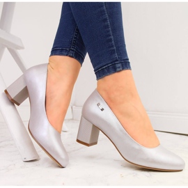 Czółenka Damskie na ozdobnym słupku perłowe srebrne Sergio Leone srebrny 1