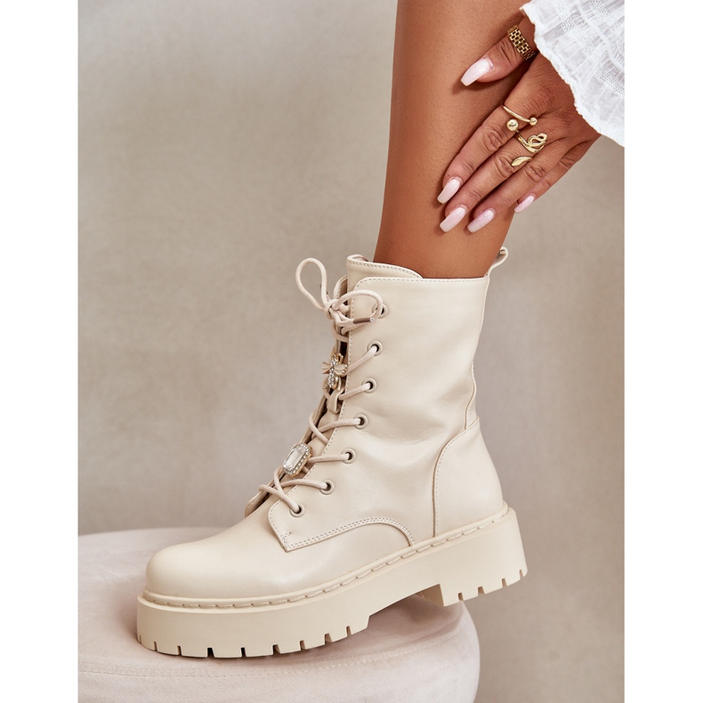 Ocieplane botki damskie workery z przypinkami beżowe beżowy 1