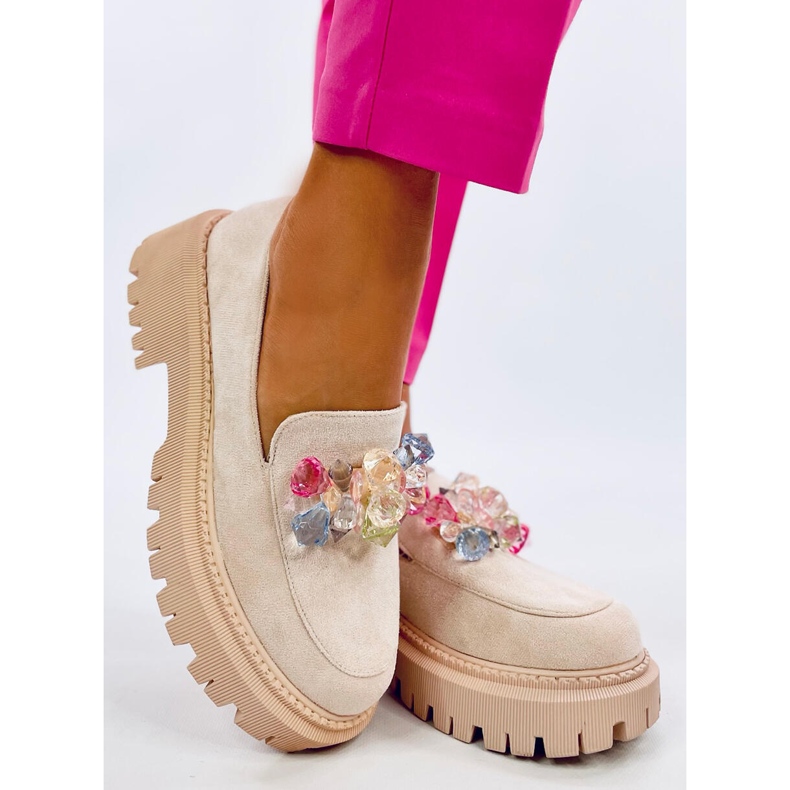 Mokasyny Damskie na platformie z kamieniami beżowe beżowy 1
