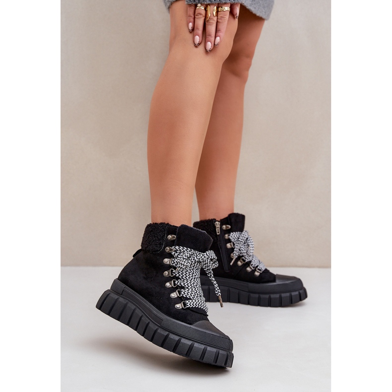 Damskie Ocieplane Botki Trapery Na Platformie Czarne 2