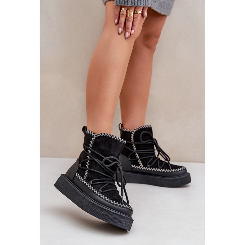 Śniegowce Damskie Z Haftem Na Platformie Czarne 2