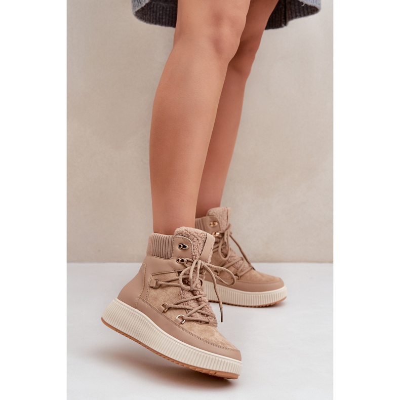 Niskie Śniegowce Na Platformie Brązowe beżowy 2